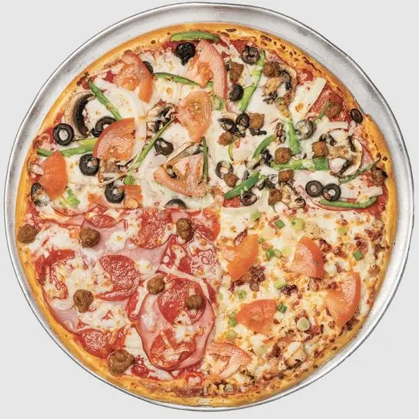Full House jumbo pizza with four specialty pizzas on one pie